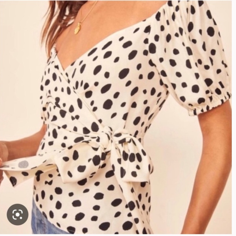 Reformation Cream & Black Polka Dot Wrap Top